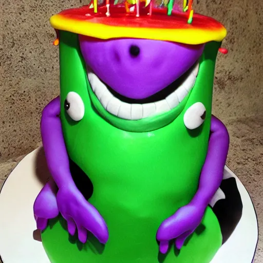 Image similar to grotesque slimy nightmare monster opens its mouth revealing a colorful birthday cake