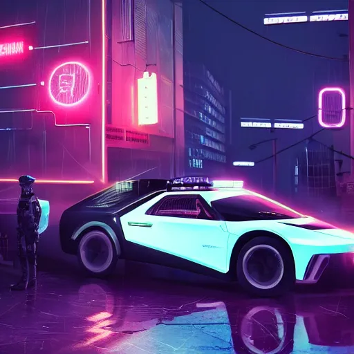 Image similar to A cyber police officer standing next to a futuristic police car in a cyberpunk city, ultrarealistic, detailed, dimly lit, neon lit signs, neon, sci fi, 4k, artstation, octane, unreal