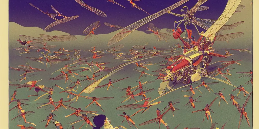 Image similar to gigantic dragonflies with human faces catch tiny robots, a lot of exotic mechas robots around, human heads everywhere, risograph by kawase hasui, edward hopper, satoshi kon and moebius, no text!, colorful flat surreal design, super - detailed, a lot of tiny details, fullshot