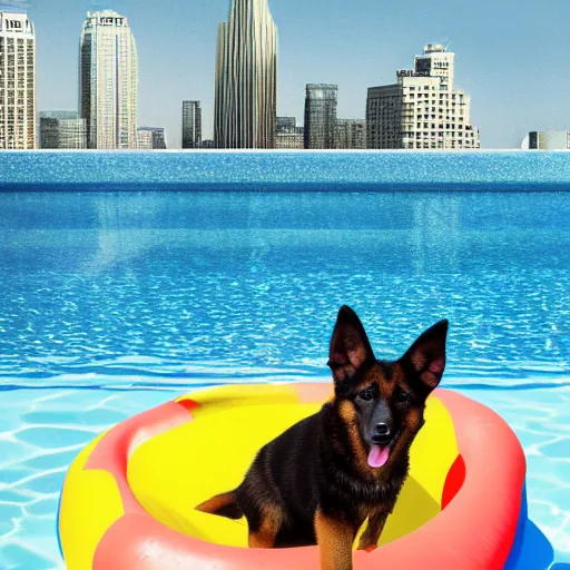 Prompt: An anthropomorphic GSD puppy with hands enjoying a cosmopolitan cocktail and wearing blue-flash Ray-ban sunglasses in a swimming pool while floating on an inflatable raft, tranquil, breezy background, city high-rise, atmospheric, hazy, sweltering, autochrome, 4k, reflections, digital art, photorealistic, renderman, ue5, digital art