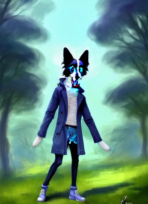 Image similar to full body digital painting of a cute male anthropomorphic border collie fursona wearing a trenchcoat and blue denim shorts in front of a park, furaffinity, scenic background, intricate, elegant, beautiful, fantasy, highly detailed, trending on artstation, art by charlie bowater and henry asencio and and ross tran