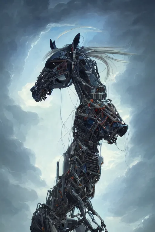 Image similar to 3 quarter view photography portrait of a biomechanical stalion horse illustrated by greg rutkowski and Akira Saito and Peter mohrbacher, boston dynamics, 4k,