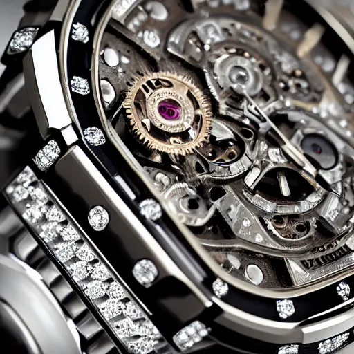 Prompt: vvs diamond watch, intricate design, rolex, cogs and gears, steampunk watch, bejeweled beautiful watch, richard mille, breitling watch, promotional photo, 8 k photography
