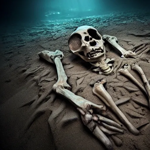 Prompt: a mysterious terrifying detailed skeleton buried in sand at the bottom of the deep ocean, dark tones, horror art, apocalyptic, volumetric light