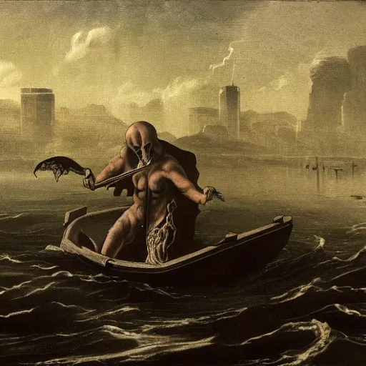 Image similar to charon and a banker in a reaper boat in the river styxx with submerged buildings in the background