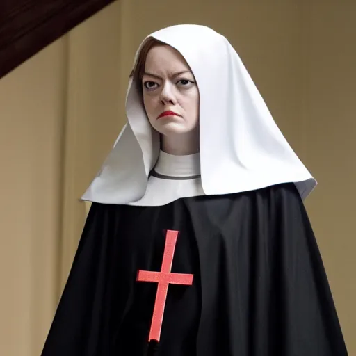 Prompt: A full body shot of Emma Stone dressed as a nun , catholic , high quality, fully detailed, 4k, inspired by handmaid's tale, her beautiful eyes are fully detailed and in focus