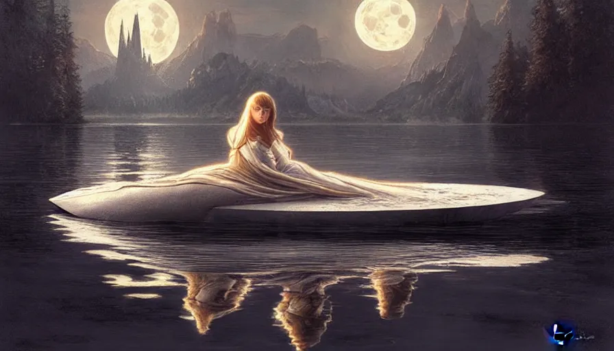 Image similar to excalibur in the middle of a lake under a giant full moon, rippling reflections, romantic, cinematic, intricate, elegant, highly detailed, artstation, concept art, smooth, sharp focus, art by WLOP and artgerm and greg rutkowski and alphonse mucha