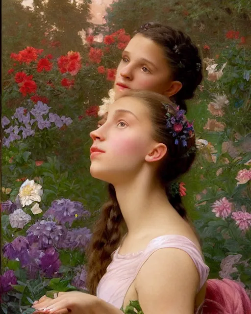 Prompt: a well - lit portrait painting of a shy, blushing 1 6 - year old alicia vikander or millie bobby brown as a ballerina in her flower garden with lanterns at night, intricate, elegant, highly detailed, artstation, concept art, by krenz cushart and donato giancola and william adolph bouguereau and alphonse mucha