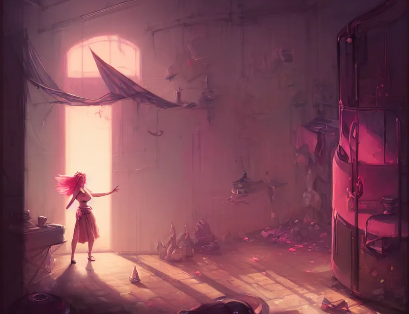 Prompt: photo a man in a short pink skirt, in jail, dirty room, lattice in the foreground by peter mohrbacher