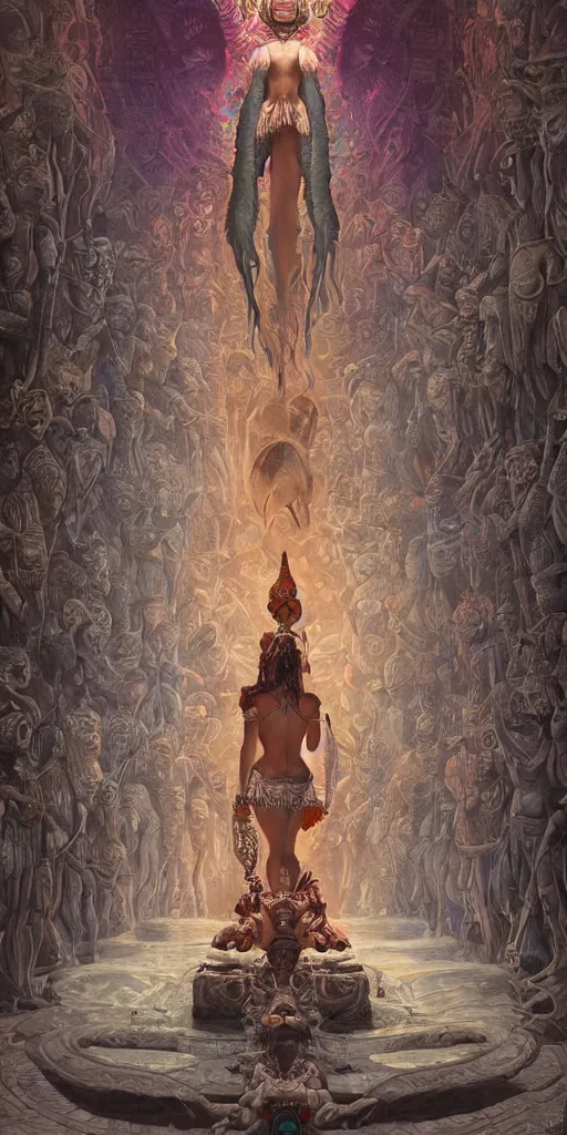 Prompt: symmetry!! a beautiful mayan goddess worshipped by a crowd of people, surreal, dreamlike, lucid dream, very detailed, perfect lighting, perfect composition, 4 k, artgerm, derek zabrocki, greg rutkowski