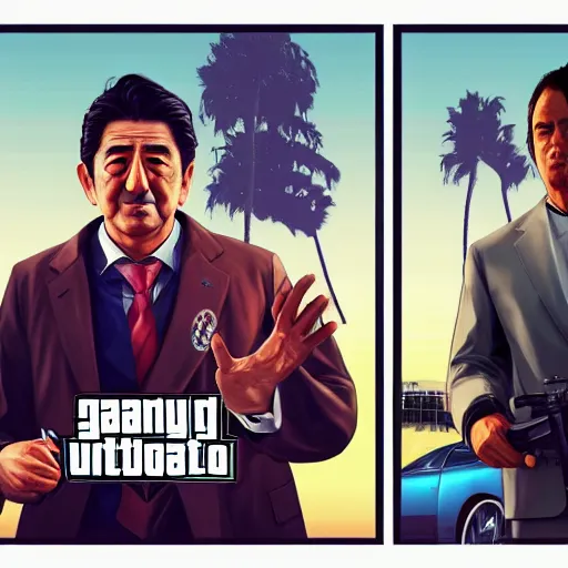 Image similar to Shinzo Abe in GTA V, cover art by stephen Bliss, artstation, no text