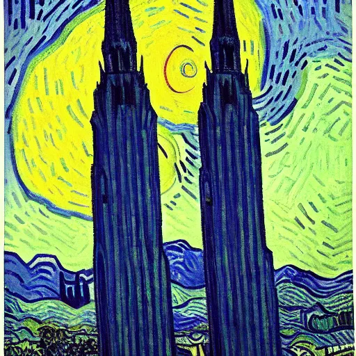 Image similar to twin towers painted by vincent van gogh, 4 k, high resolution, illustration, painting