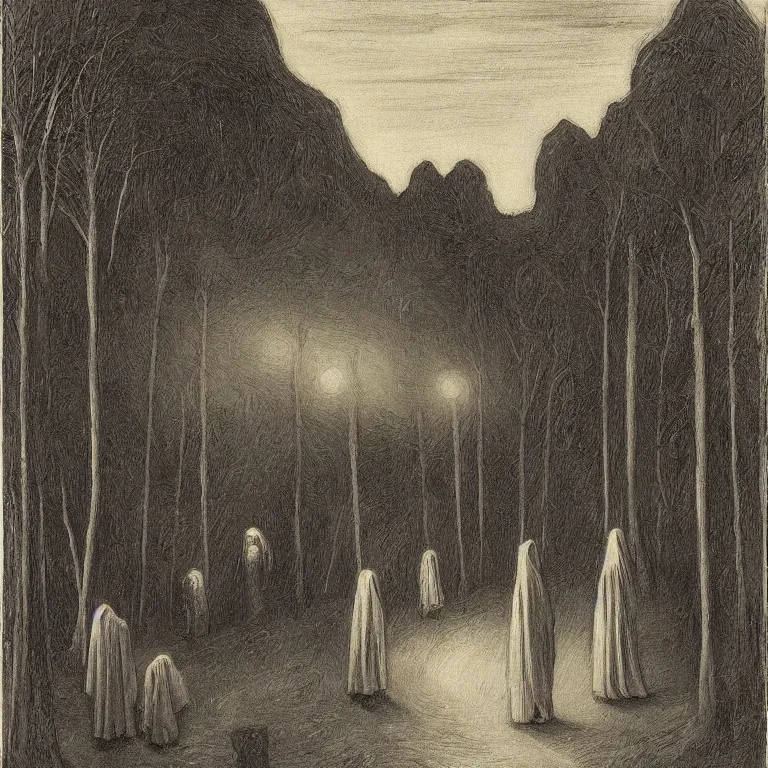 Prompt: A Holy Week procession of grim reapers in a lush Spanish landscape at night. A hooded figure at the front holds a cross. Carl Gustav Carus, Edward Hopper.