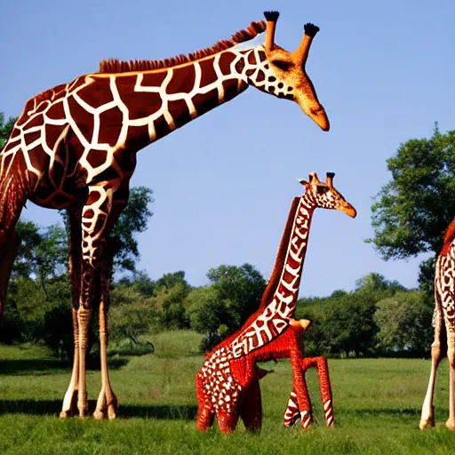 Image similar to mechanical giraffes, having a picnic, realistic,