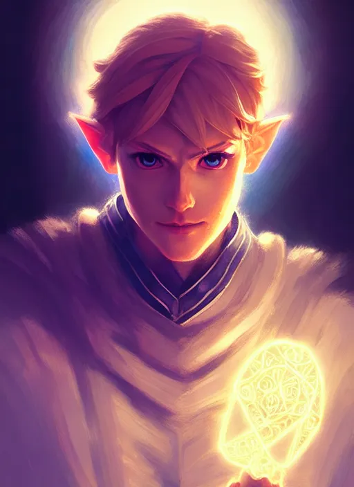 Image similar to portrait of link from the legend of zelda, intricate, elegant, glowing lights, highly detailed, digital painting, artstation, concept art, sharp focus, illustration, art by wlop, mars ravelo and greg rutkowski