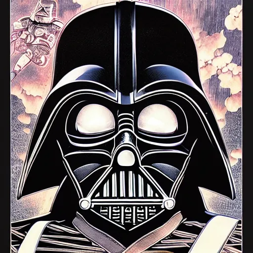 Image similar to portrait closeup of crazy darth vader, symmetrical, hyper detailed, by yoichi hatakenaka, masamune shirow, josan gonzales and dan mumford, ayami kojima, takato yamamoto, barclay shaw, karol bak, yukito kishiro