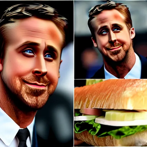 Image similar to ryan gosling becomes a sandwich