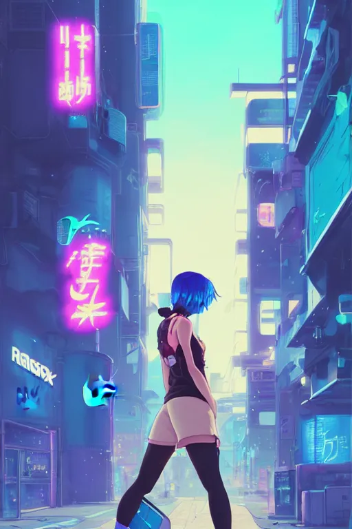 Prompt: digital illustration of cyberpunk pretty girl with blue hair, wearing a tank top and shorts, wearing nike air mags, full body pqkose, in city street at night, by makoto shinkai, ilya kuvshinov, lois van baarle, rossdraws, basquiat