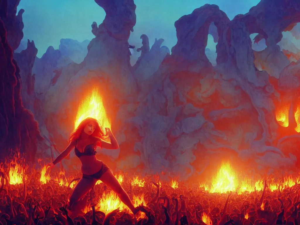 Image similar to live concert promotional photograph of a female rock singer in concert in hell, brightly lit stage centered and on fire, high contrast, stage lighting, pyrotechnics, ghibli animated film, volumetric lighting, octane render by stanley artgerm lau, greg rutkowski, thomas kindkade, alphonse mucha, loish, norman rockwel,