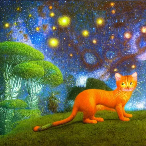 Image similar to psychedelic small cats hidden lush pine forest, outer space, milky way, designed by arnold bocklin, jules bastien - lepage, tarsila do amaral, wayne barlowe and gustave baumann, cheval michael, trending on artstation, star, sharp focus, colorful refracted sparkles and lines, soft light, 8 k 4 k