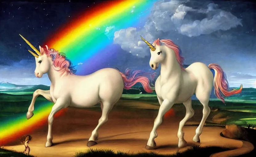 Image similar to a lonely unicorn walking on a rainbow in the universe in the style of Caravaggio, digital art, high quality, highly detailed, high coherence, anatomically correct, Caravaggio, concept art, marterpiece