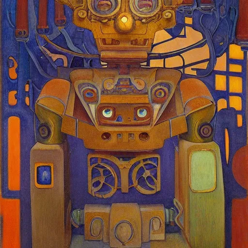 Image similar to painting of the mechanical robot in a floral mask, by annie swynnerton and diego rivera and nicholas roerich and jean delville, symbolist, dramatic lighting, elaborate geometric ornament, art brut, soft cool colors, smooth, sharp focus, extremely detailed, adolf wolfli and donato giancola