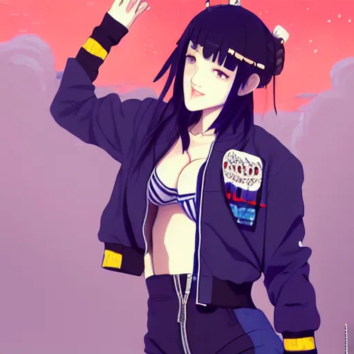 Image similar to a beautiful boyish kat dennings alluring gravure model, wearing oversized mayan bomber jacket and leotard with overalls, bulky poofy aztec native style bomber jacket with mayan patterns, gapmoe yandere grimdark, trending on pixiv fanbox, painted by greg rutkowski makoto shinkai takashi takeuchi studio ghibli, akihiko yoshida