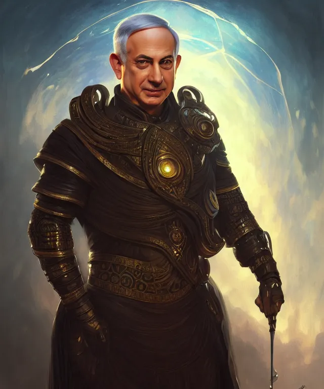 Image similar to Benjamin Netanyahu as a fantasy magic man portrait, sci-fi, amber eyes, face, fantasy, intricate, elegant, highly detailed, digital painting, artstation, concept art, smooth, sharp focus, illustration, art by artgerm and greg rutkowski and alphonse mucha