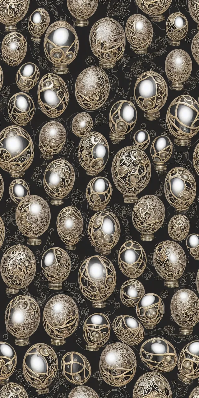 Prompt: seamless pattern of beautiful voluptuous cybernetic biomechanical faberge eggs, beautiful pearlescent faces and cables arranged in a damask pattern + clear glass exoskeleton, inside organic robotic tubes and parts, black background, glass helmets and dove wings, symmetrical composition + intricate details, hyperrealism, wet, reflections + by alfonse mucha, no blur