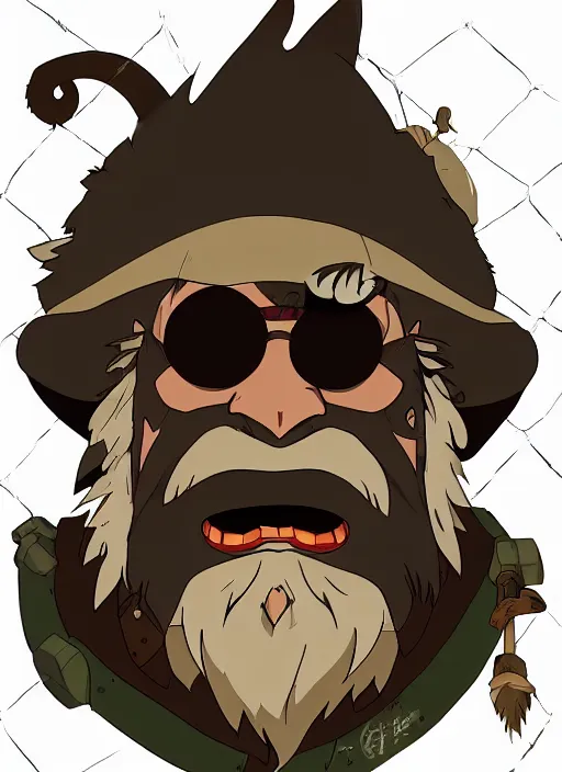 Image similar to bugbear ranger, black beard, dungeons and dragons, hunters gear, flames, character design on white background, by studio ghibli, makoto shinkai