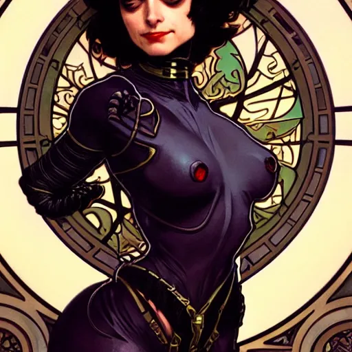 Image similar to kate micucci as catwoman, fantasy, d & d, intricate, detailed, by by alphonse mucha, adolfo hohenstein, alice russell glenny, stanley artgerm lau, greg rutkowski, detailed, trending on artstation, trending on artstation, smooth