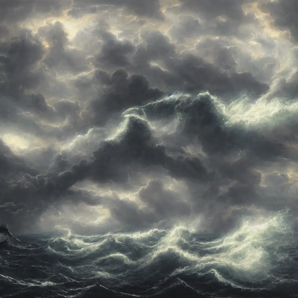 Prompt: a fantasy book landscape with a massive giant black kraken. stormy sea with a small boat, giant waves, lightning in the background, oil painting, 4 k
