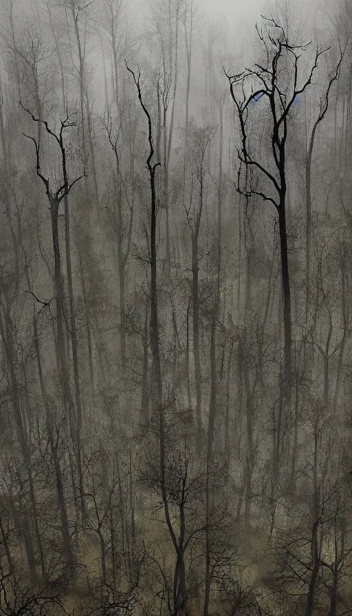 Image similar to a storm vortex made of many demonic eyes and teeth over a forest, by peter holme iii