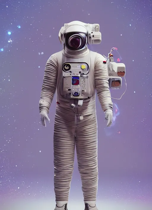 Image similar to a man in a space suit with a flower in his hand, a computer rendering by Mike Winkelmann, trending on cgsociety, retrofuturism, uhd image, rendered in cinema4d, hard surface modeling,