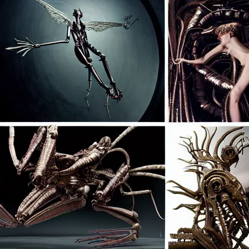 Image similar to still frame from Prometheus movie by Makoto Aida, flying biomechanical angel gynoid by giger, mimicking devil's dragon flower mantis, metal couture by neri oxmn and Guo pei, flying angel editorial by Malczewski and by Caravaggio