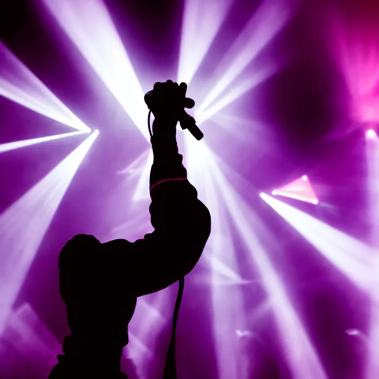 Image similar to rapper performing with microphone, epic pose, profile view, silhouetted, distinct figure, psychedelic hip-hop, laser light show, fog, beams of light