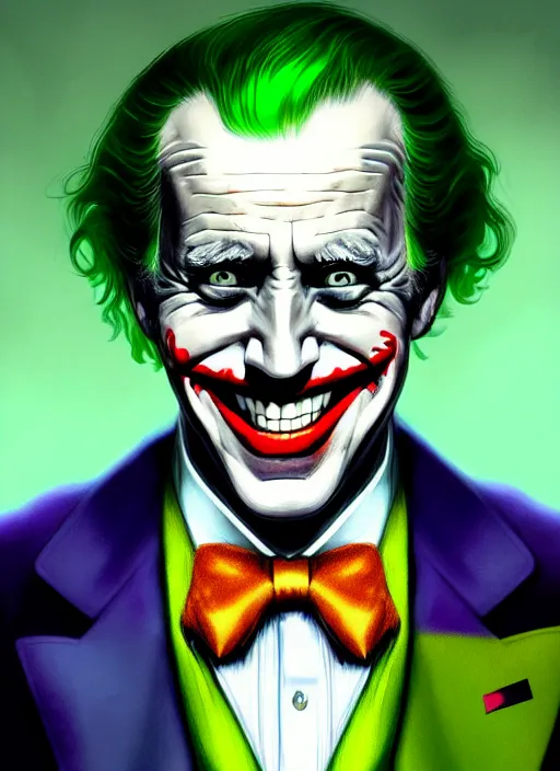 Image similar to portrait of joe biden as the joker, green hair, intricate, elegant, glowing lights, highly detailed, digital painting, artstation, concept art, sharp focus, illustration, art by wlop, mars ravelo and greg rutkowski