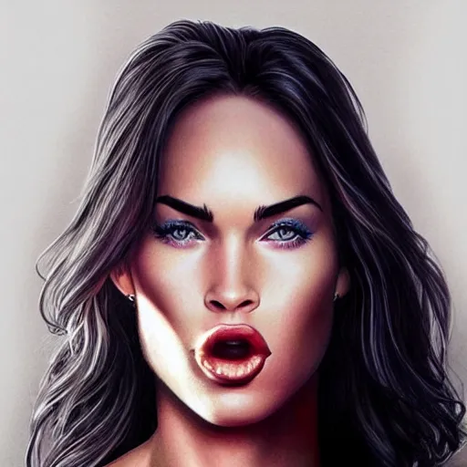 Image similar to megan fox sticking her tongue out. hyperrealistic portrait, photo realistic, poster, artstation, volumetric lighting, digital art, very detailed face by magali villeneuve