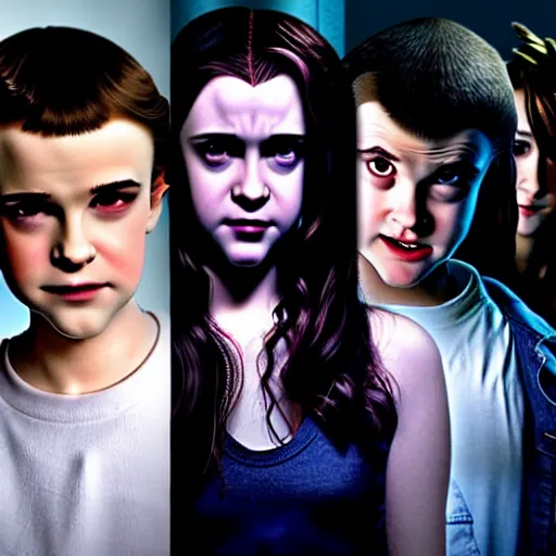 Prompt: Twilight cast in Stranger Things, Edward, Bella, photorealistic, dramatic lighting, soft, sharp focus