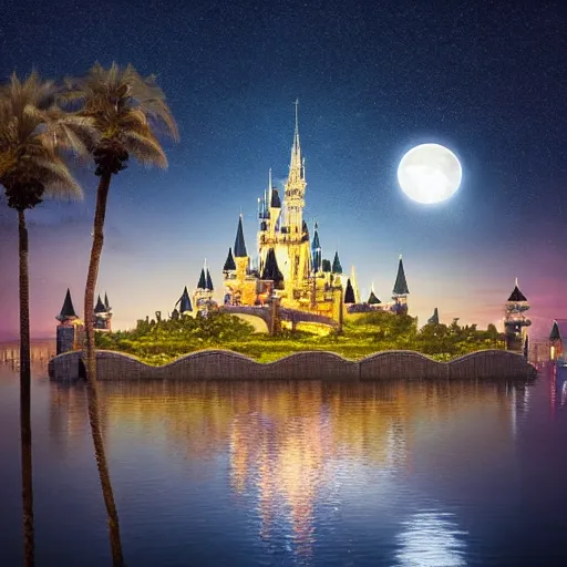 Image similar to the disney castle surrounded by giant palm trees on a giant floating island in the sky at night, a huge moon above the island illuminates the sky, cinematic, digital art by erik johansson, 8 k resolution, hyper detailed, hyper realistic, sharp focus, unreal engine 5