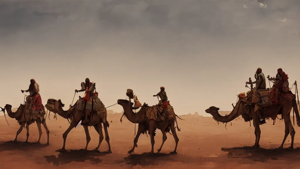 Prompt: view of arabian merchants riding camels in the desert, rule of thirds, high quality, watercolored, jakub rozalski, dark colours, dieselpunk, artstation