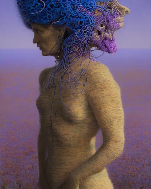 Image similar to A portrait of a woman wearing clothes made out of dying flowers, nuclear explosion in the background, Masterpiece, blue skin, glowing, wires everywhere, by Edgar Maxence and Ross Tran, Zdzisław Beksiński, and Michael Whelan, distant, gustav dore, H.R. Giger, 8k, octane render