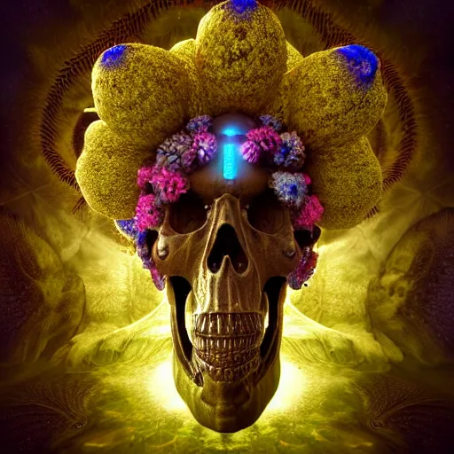 Prompt: a golden skull face african electric shaman with an afro made of flowers, third eye art art by machina infinitum, complexity from simplicity, rendered in octane, mandelbulb 3 d, ambient occlusion, macro photography