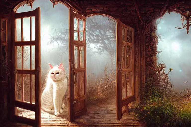 Prompt: large rustic intricately decorated wooden double door, metal handles, a view to a fantasy world, eerie back light, mist, white cat, coherent composition, digital fantasy painting by noriyoshi ohrai