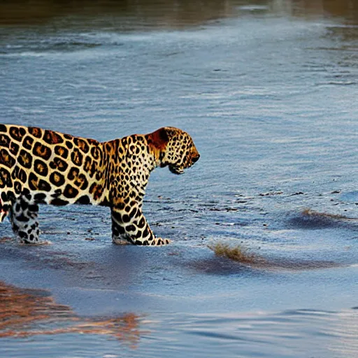 Prompt: a jaguar, carrying her cub, crosses a river, national geographic style, golden hour