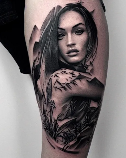 Image similar to creative double exposure effect tattoo design sketch of megan fox with beautiful mountains, realism tattoo, in the style of andrey lukovnikov, amazing detail, sharp