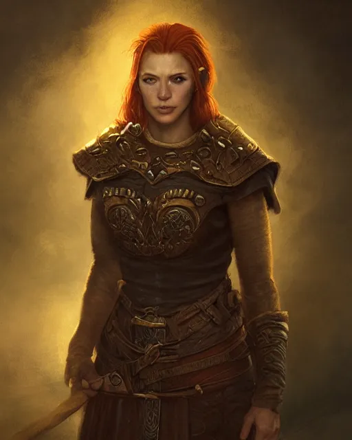 Image similar to the elder scrolls vi, charismatic rugged female redhead breton mage portrait, illustration, rim light, top light, perfectly shaded, golden hour, epic, intricate, soft painting, by leesha hannigan, ross tran, thierry doizon, kai carpenter, ignacio fernandez rios