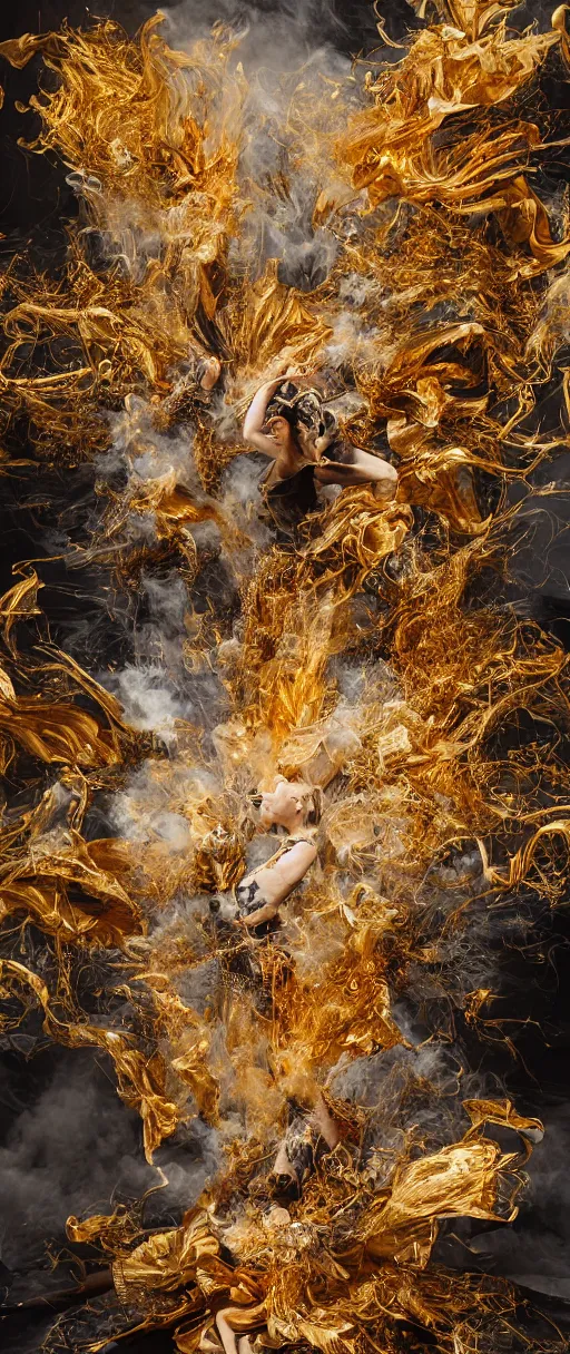 Image similar to 'Deamons unleashed in Times Square' by István Sándorfi royally decorated, whirling smoke, embers, gold encrustations , gilt silk torn fabric, radiant colors, fantasy, perfect lighting, studio lit, micro details,