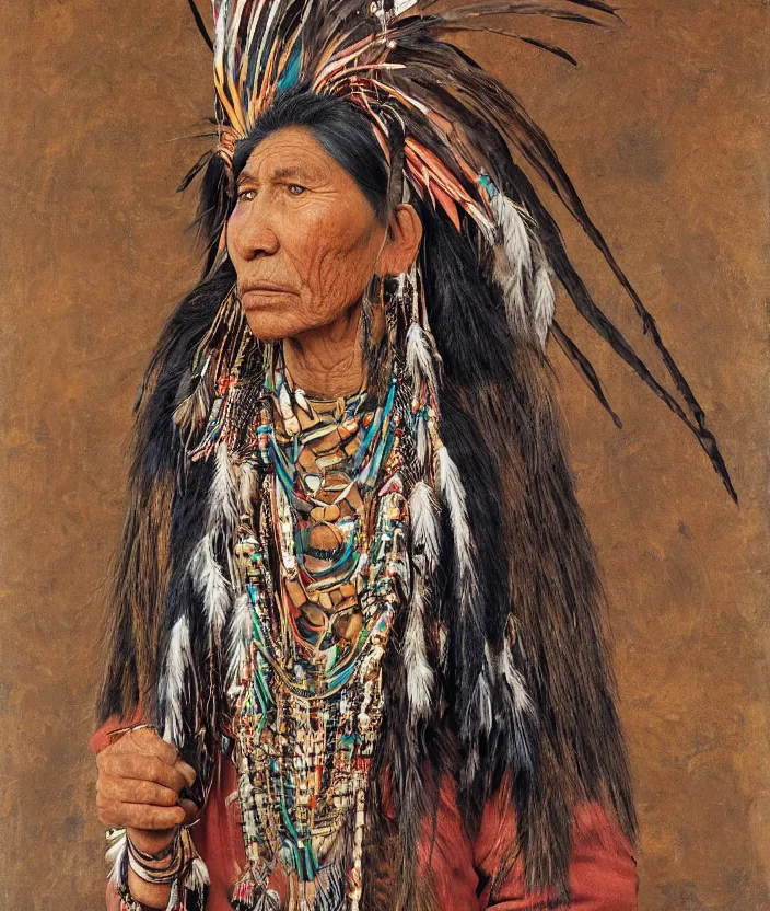 Image similar to full body shot picture of indigenous people woman leader in canyon, painted by lucian freud, intricate costume design, beautiful feathers, hd, super detailed, realistic, muted colors