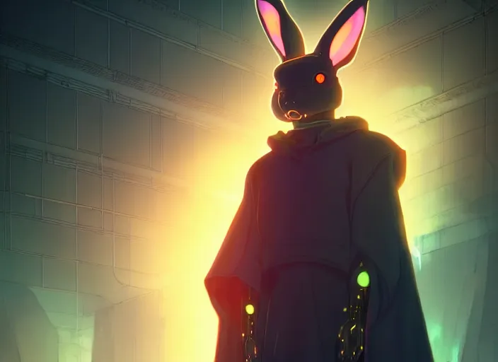 Image similar to cyberpunk rabbit wearing glowing robe, details, futuristic, epic, sacrificial altar, landscape illustration concept art anime key visual trending pixiv fanbox by wlop and greg rutkowski and makoto shinkai and studio ghibli and kyoto animation symmetrical facial features